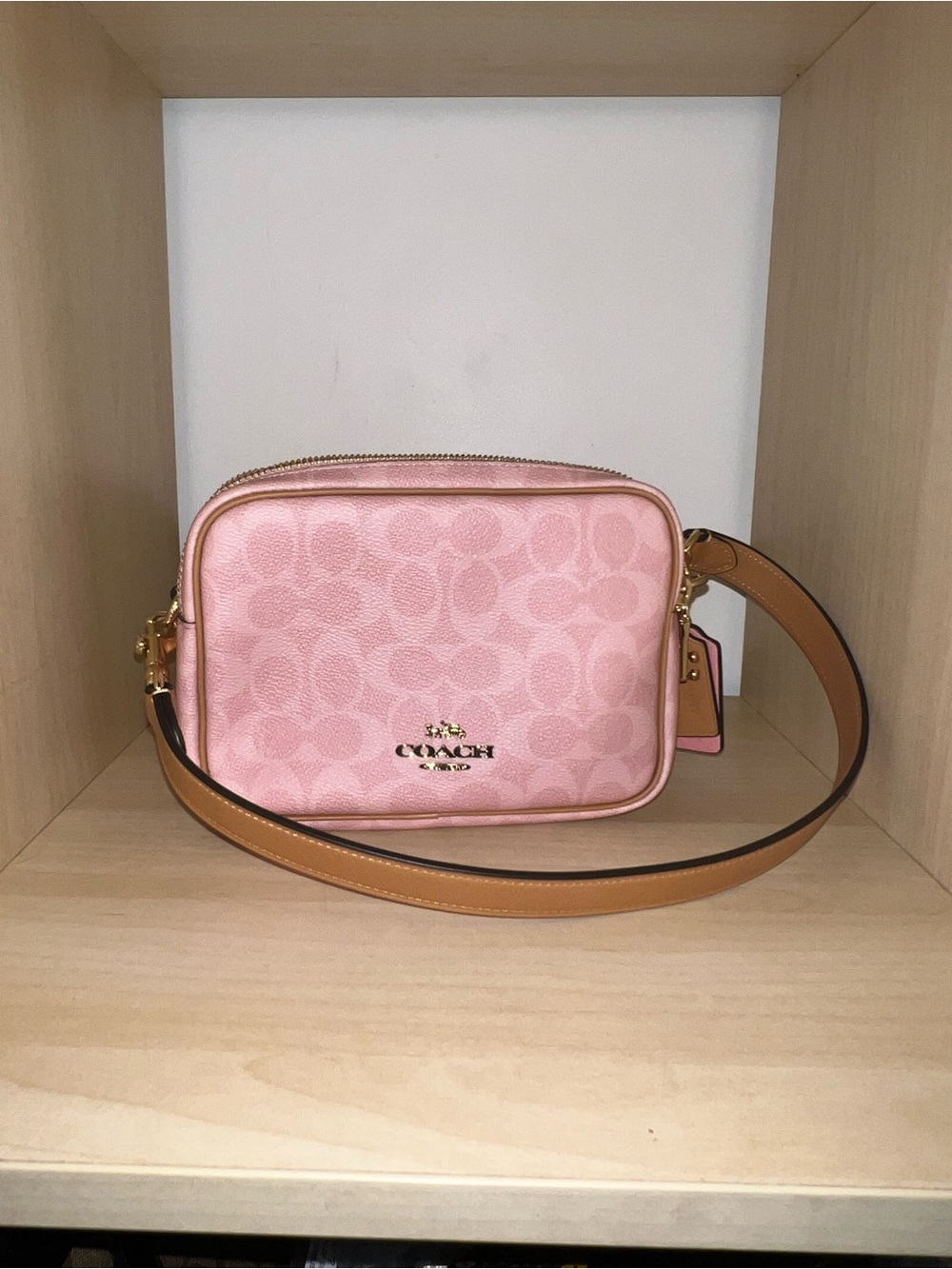 Coach Signature Camera Bag in Pink with Tan Strap